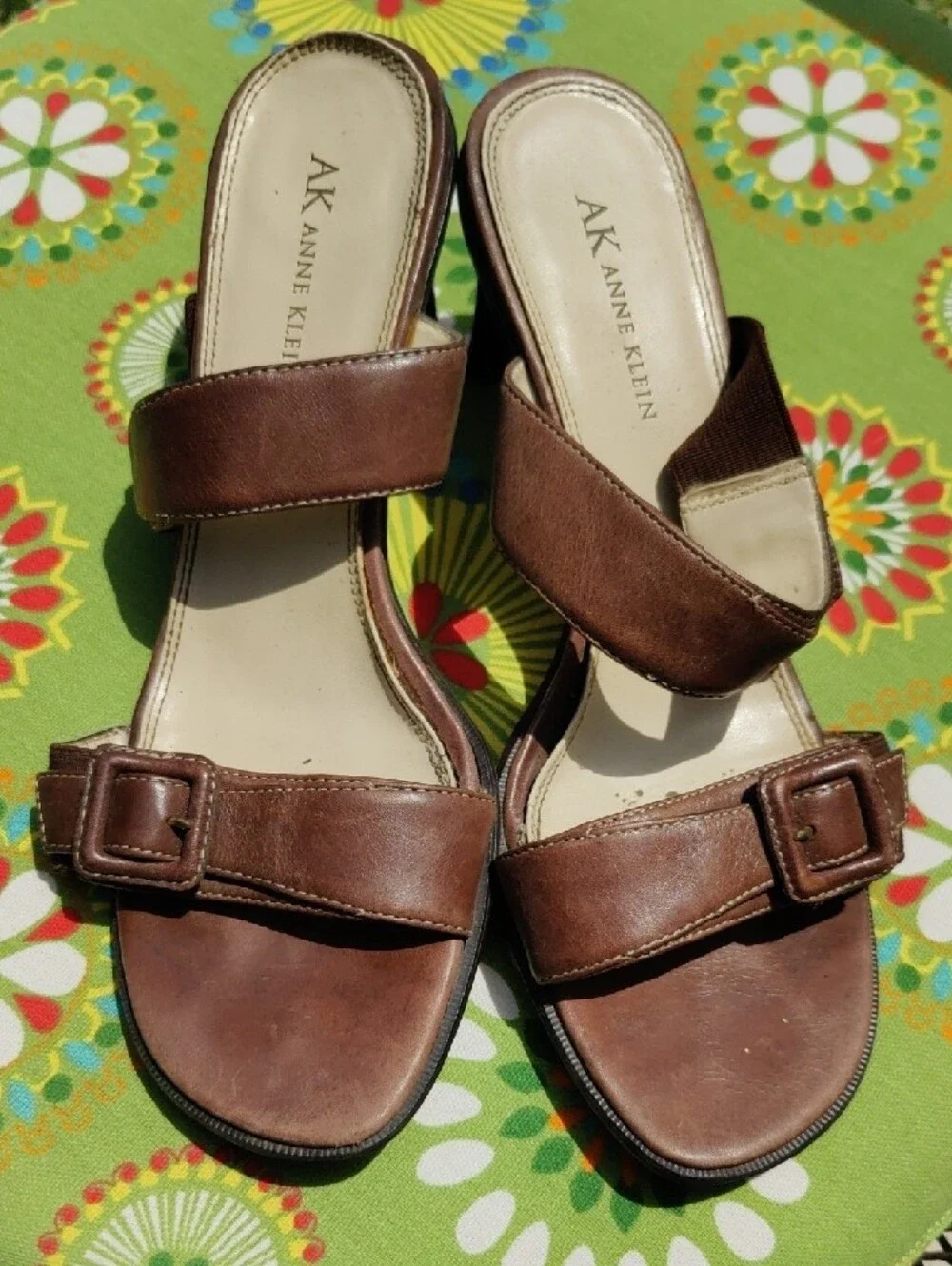 Anne Klein Brown Leather Slide Sandals with Buckle - Picture 3 of 6